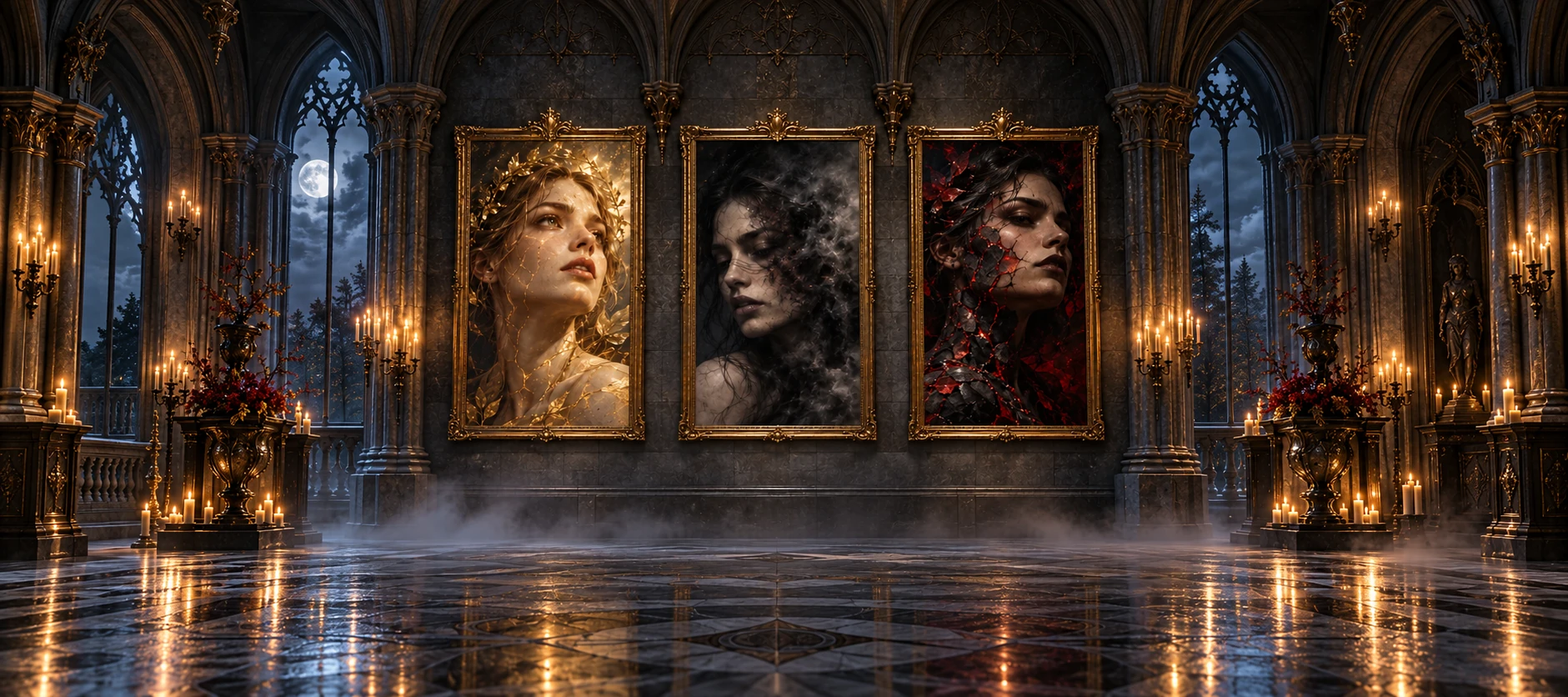 Une galerie mystérieuse où trois portraits incarnent la lumière dorée, le silence et le feu cramoisi.