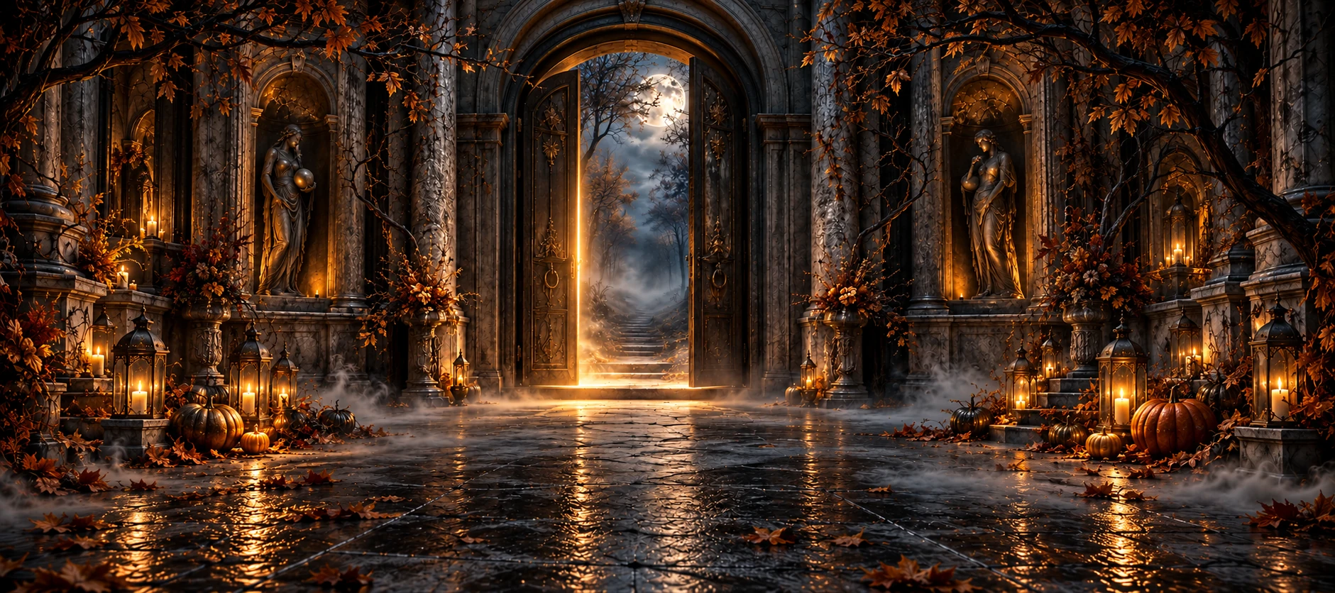 Une porte illuminée d’or ouverte sur une forêt brumeuse, entre statues, lanternes et citrouilles.
